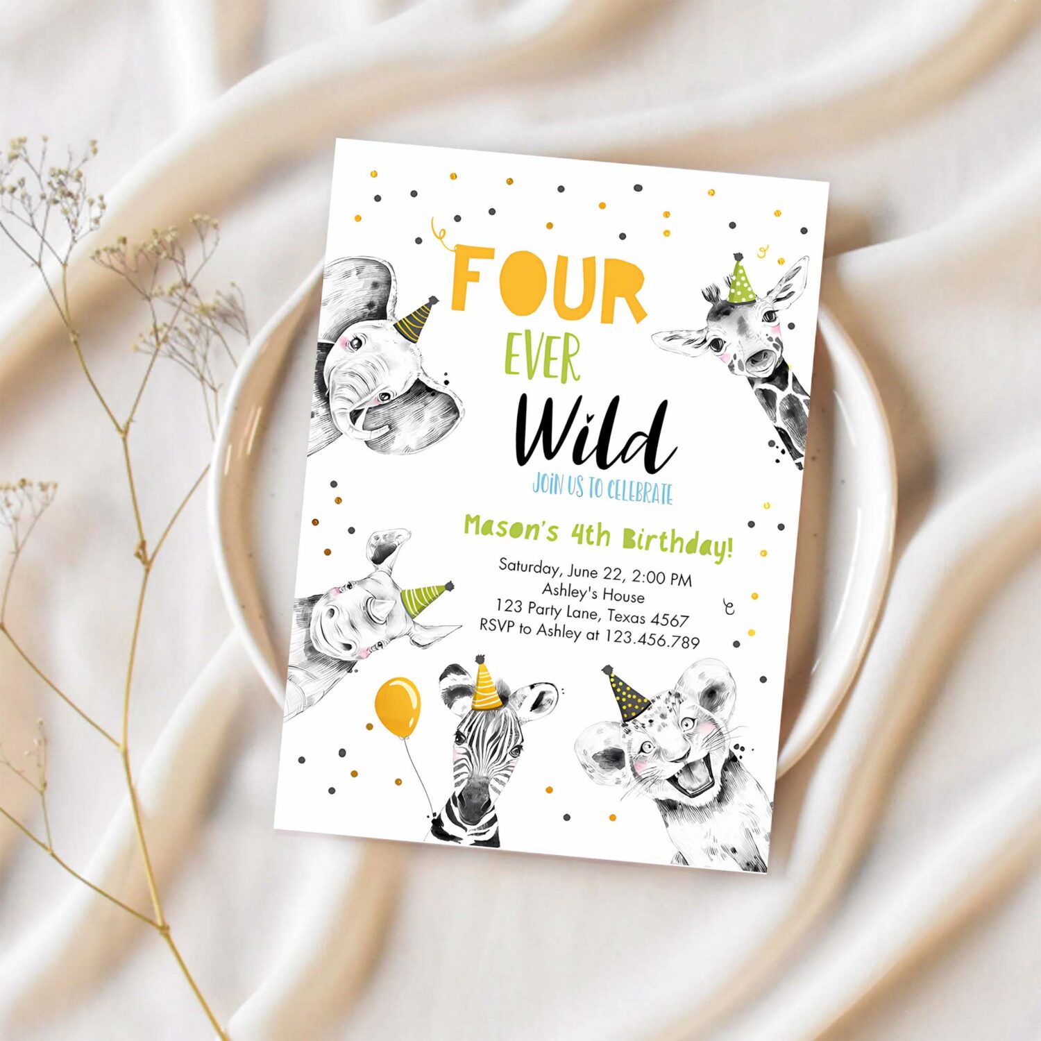 Editable four ever wild birthday invitation boy green gold safari party animals fourth birthday 4th printable template digital corjl 0390 1