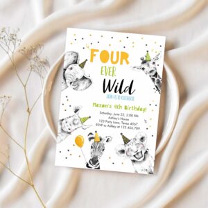 Editable four ever wild birthday invitation boy green gold safari party animals fourth birthday 4th printable template digital corjl 0390 1