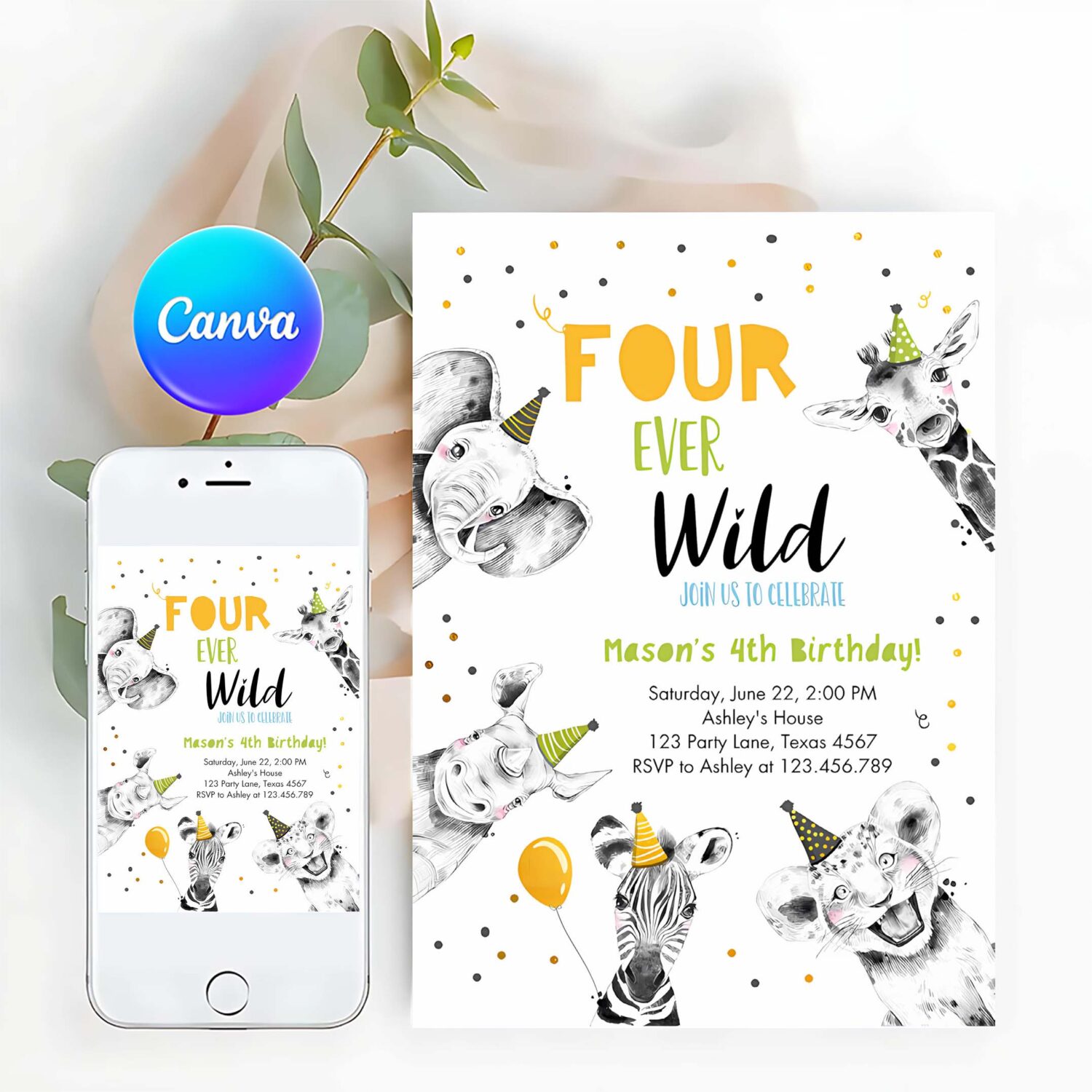 Editable four ever wild birthday invitation boy green gold safari party animals fourth birthday 4th printable template digital corjl 0390