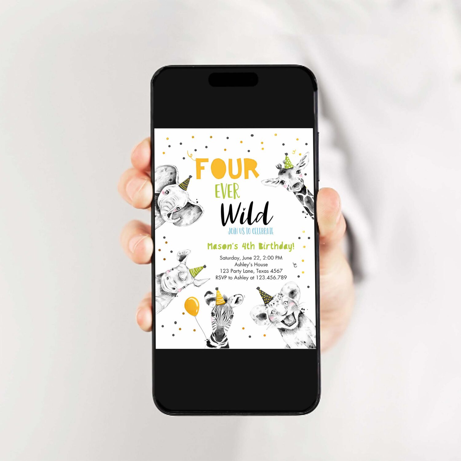 Editable four ever wild birthday invitation boy green gold safari party animals fourth birthday 4th printable template digital corjl 0390 2