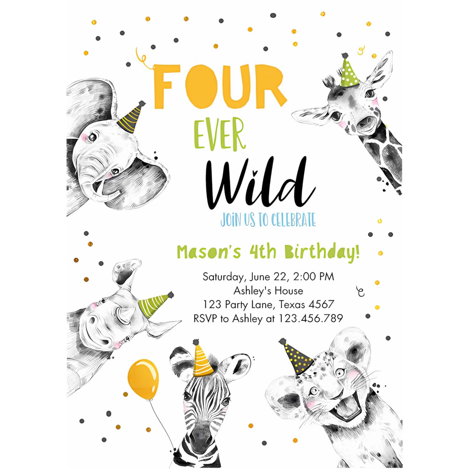 Editable four ever wild birthday invitation boy green gold safari party animals fourth birthday 4th printable template digital corjl 0390 4