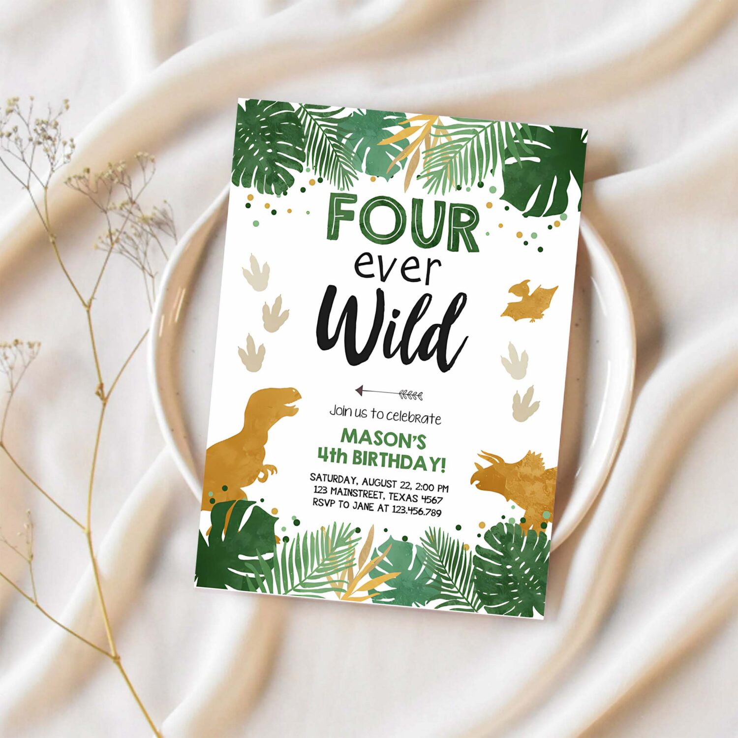 Editable four ever wild birthday invitation dinosaur dino party boy 4th fourth birthday green gold fourever corjl template printable 0146 1