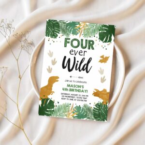 Editable four ever wild birthday invitation dinosaur dino party boy 4th fourth birthday green gold fourever corjl template printable 0146 1