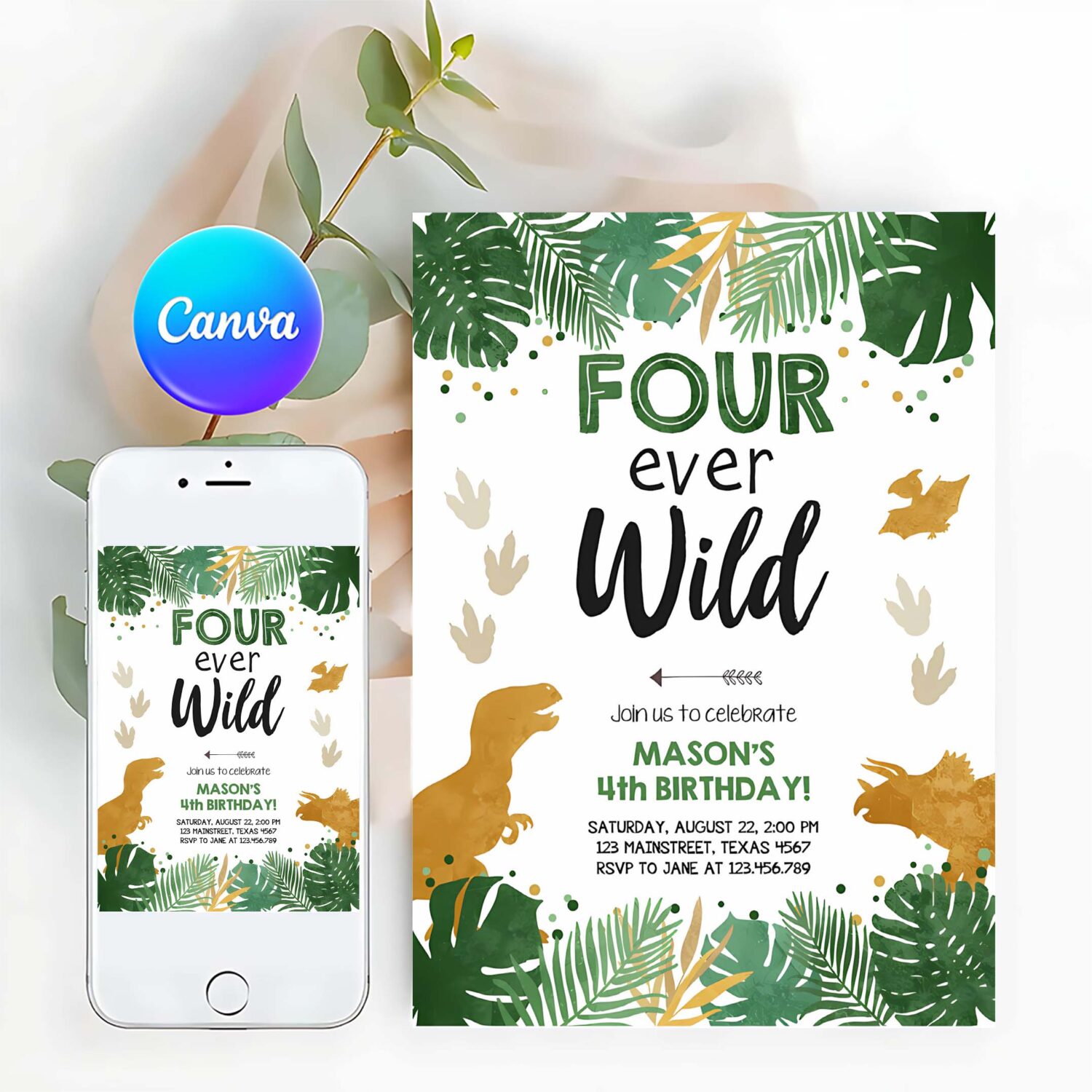 Editable four ever wild birthday invitation dinosaur dino party boy 4th fourth birthday green gold fourever corjl template printable 0146