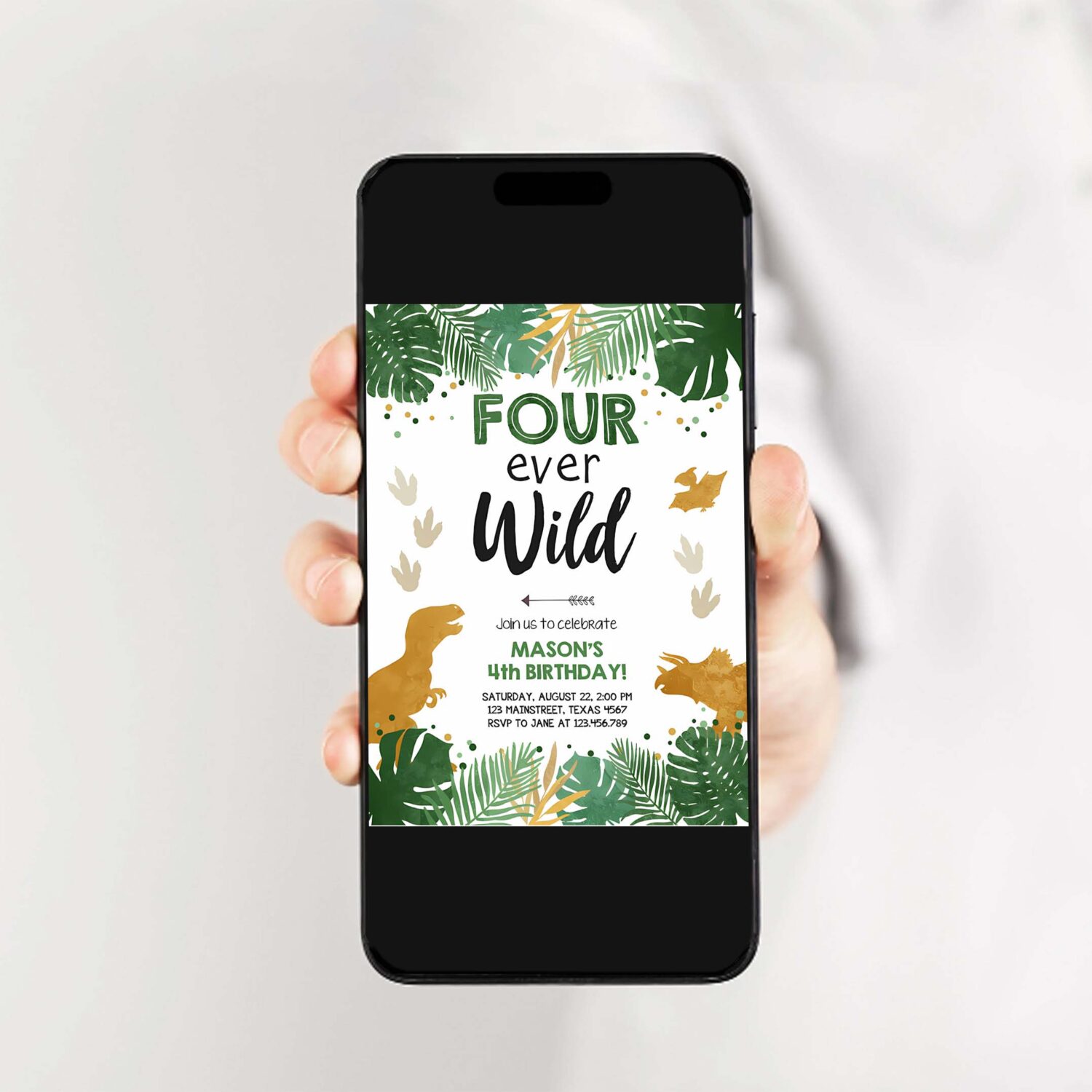 Editable four ever wild birthday invitation dinosaur dino party boy 4th fourth birthday green gold fourever corjl template printable 0146 2