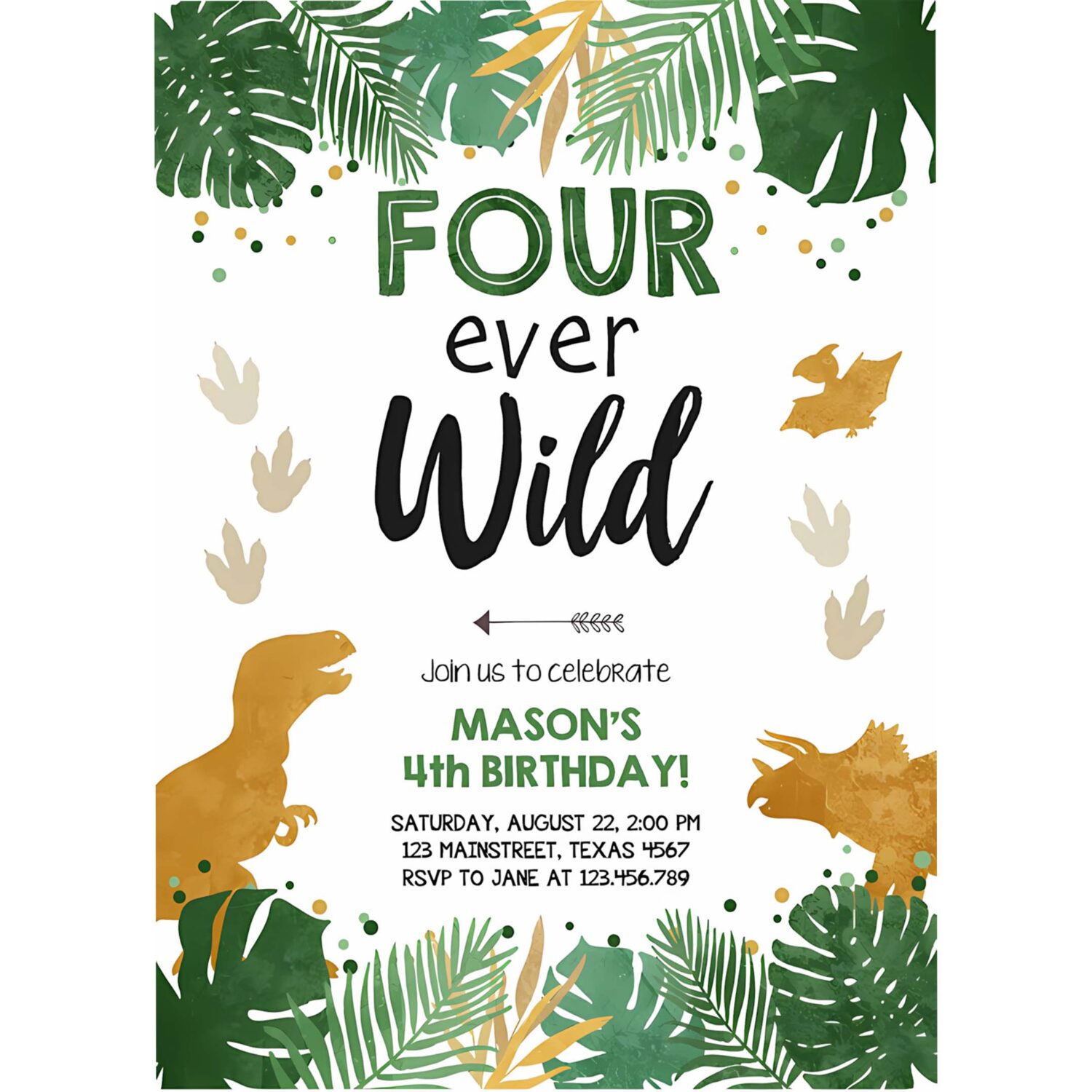 Editable four ever wild birthday invitation dinosaur dino party boy 4th fourth birthday green gold fourever corjl template printable 0146 4