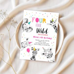 Editable four ever wild birthday invitation girl pink gold safari party animals fourth birthday 4th printable template digital corjl 0390 1