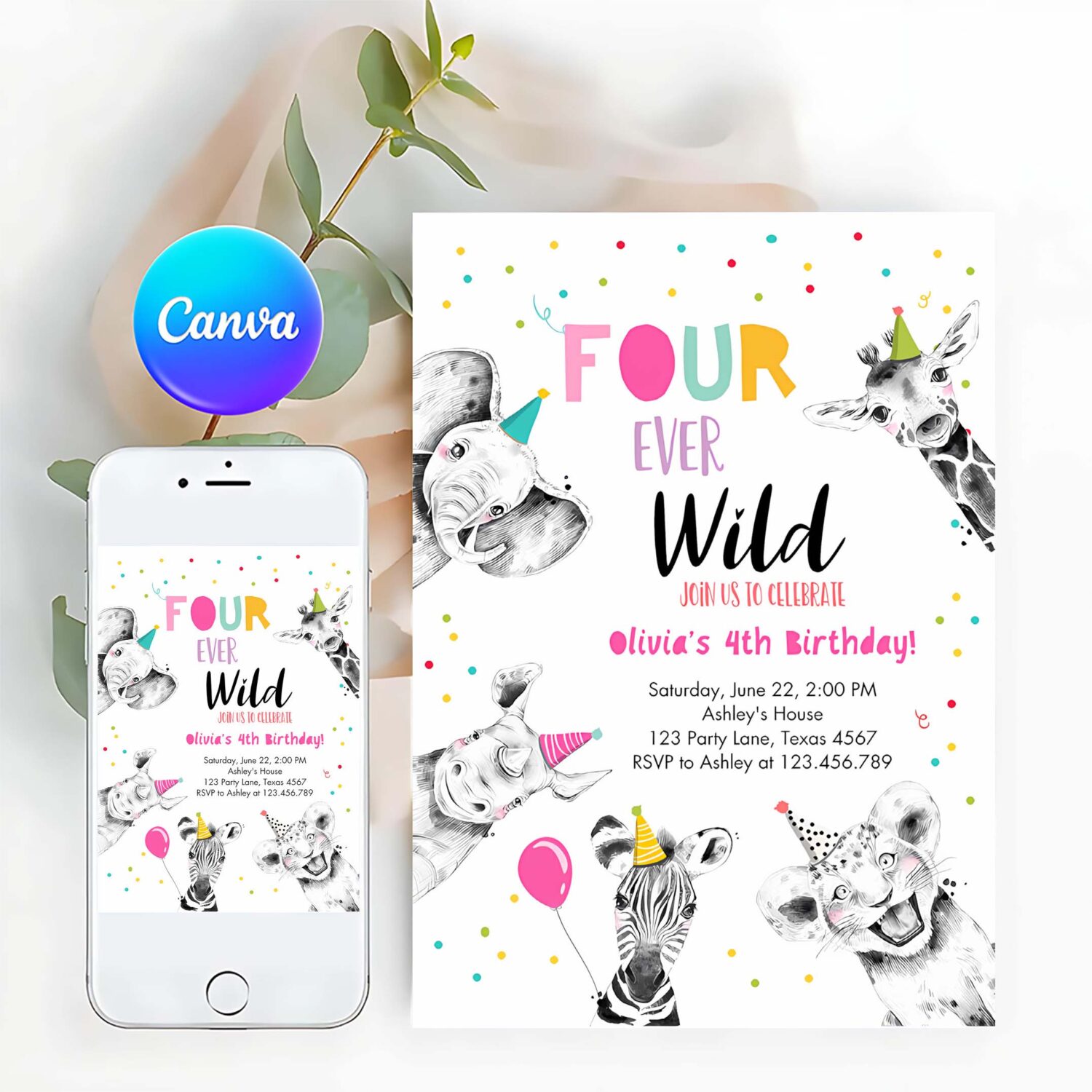 Editable four ever wild birthday invitation girl pink gold safari party animals fourth birthday 4th printable template digital corjl 0390