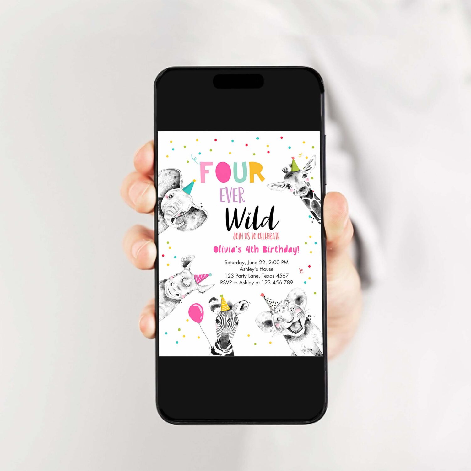 Editable four ever wild birthday invitation girl pink gold safari party animals fourth birthday 4th printable template digital corjl 0390 2