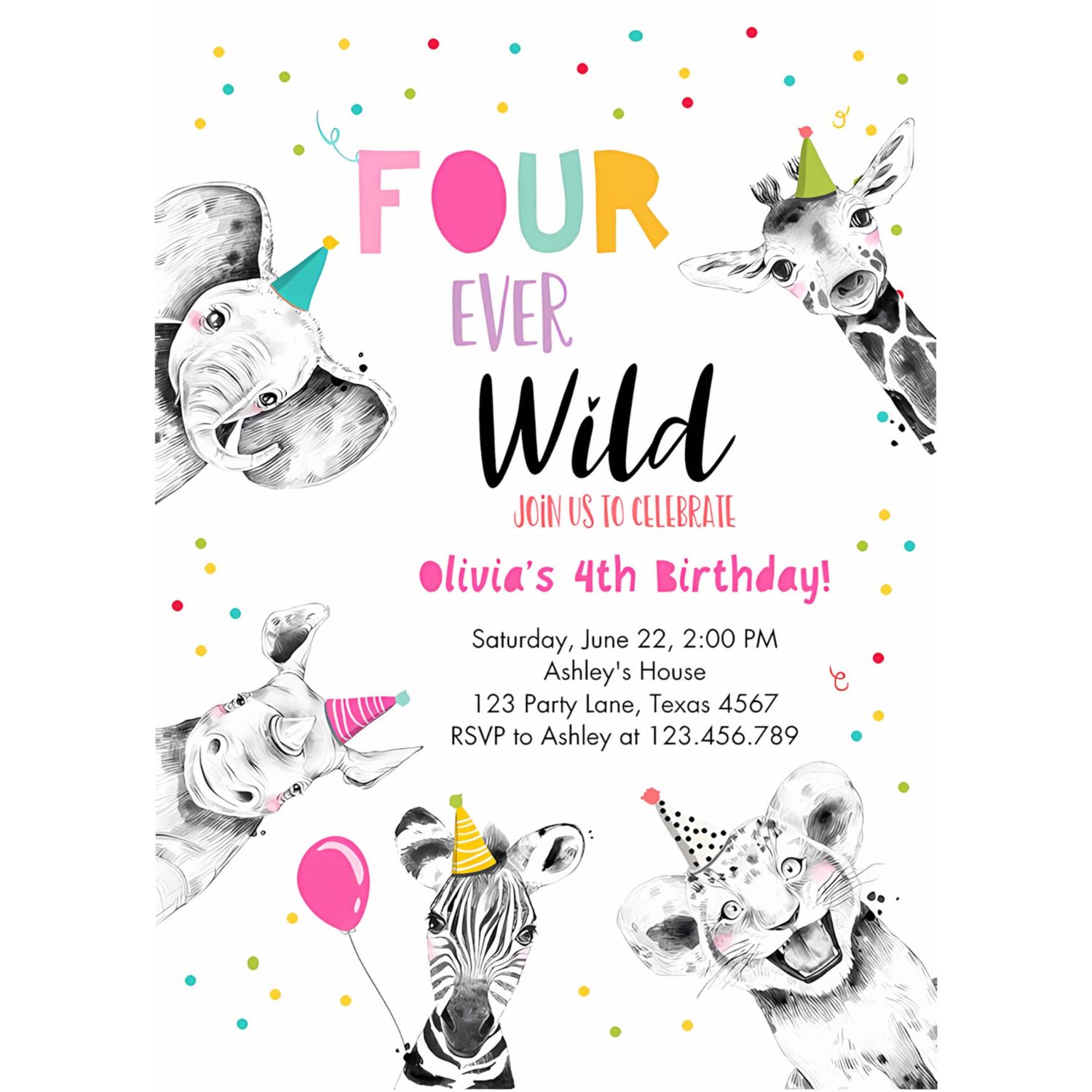 Editable four ever wild birthday invitation girl pink gold safari party animals fourth birthday 4th printable template digital corjl 0390 4