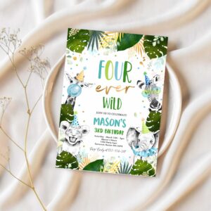 Editable four ever wild birthday invitation safari animals fourever wild 4th birthday party gold monochrome jungle party 1