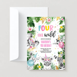 Editable four ever wild birthday invite safari animals fourever wild 4th birthday party gold monochrome jungle party 2