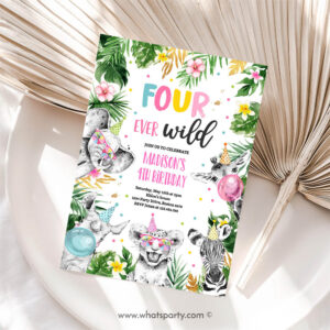 Wild One Invitation, Four Ever Wild Birthday Invitation Safari Animals FourEver Wild 4th Birthday Invitation