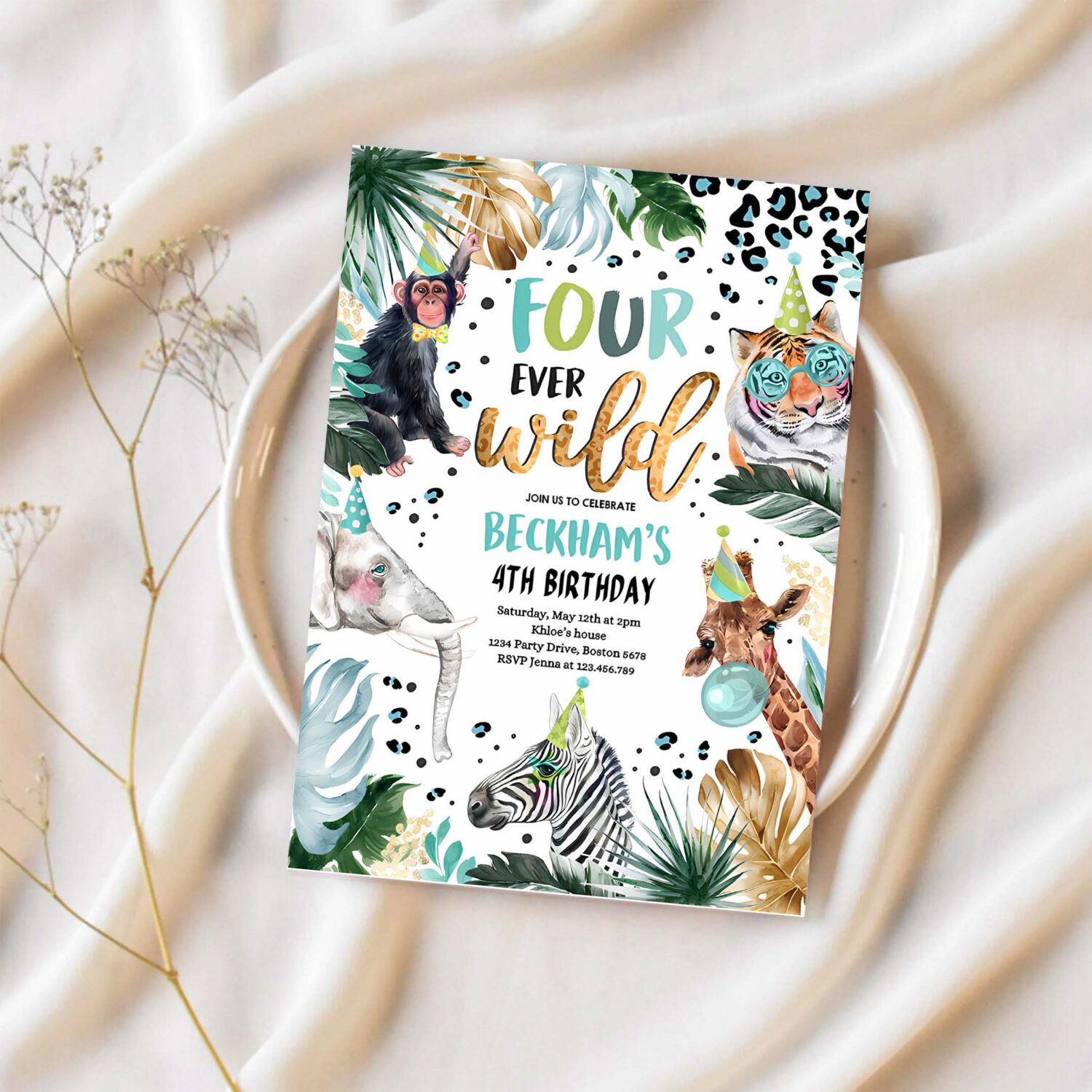Editable four ever wild safari animals 4th birthday party invitation animal print jungle party animal birthday party 1