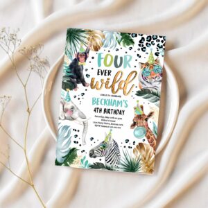 Editable four ever wild safari animals 4th birthday party invitation animal print jungle party animal birthday party 1