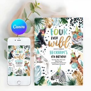 Wild One Invitation, Four Ever Wild Safari Animals 4th Birthday Party Invitation