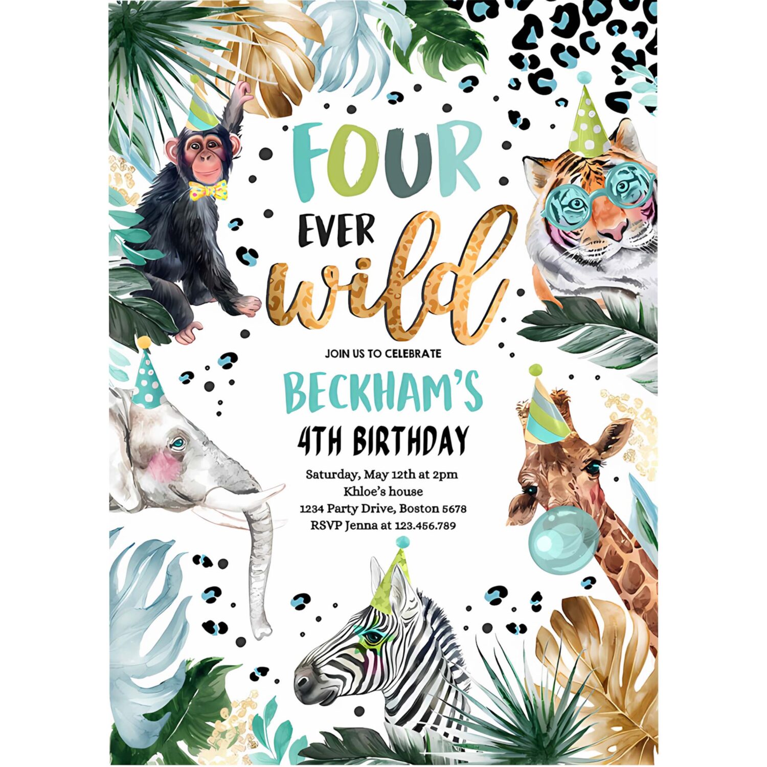 Editable four ever wild safari animals 4th birthday party invitation animal print jungle party animal birthday party 4