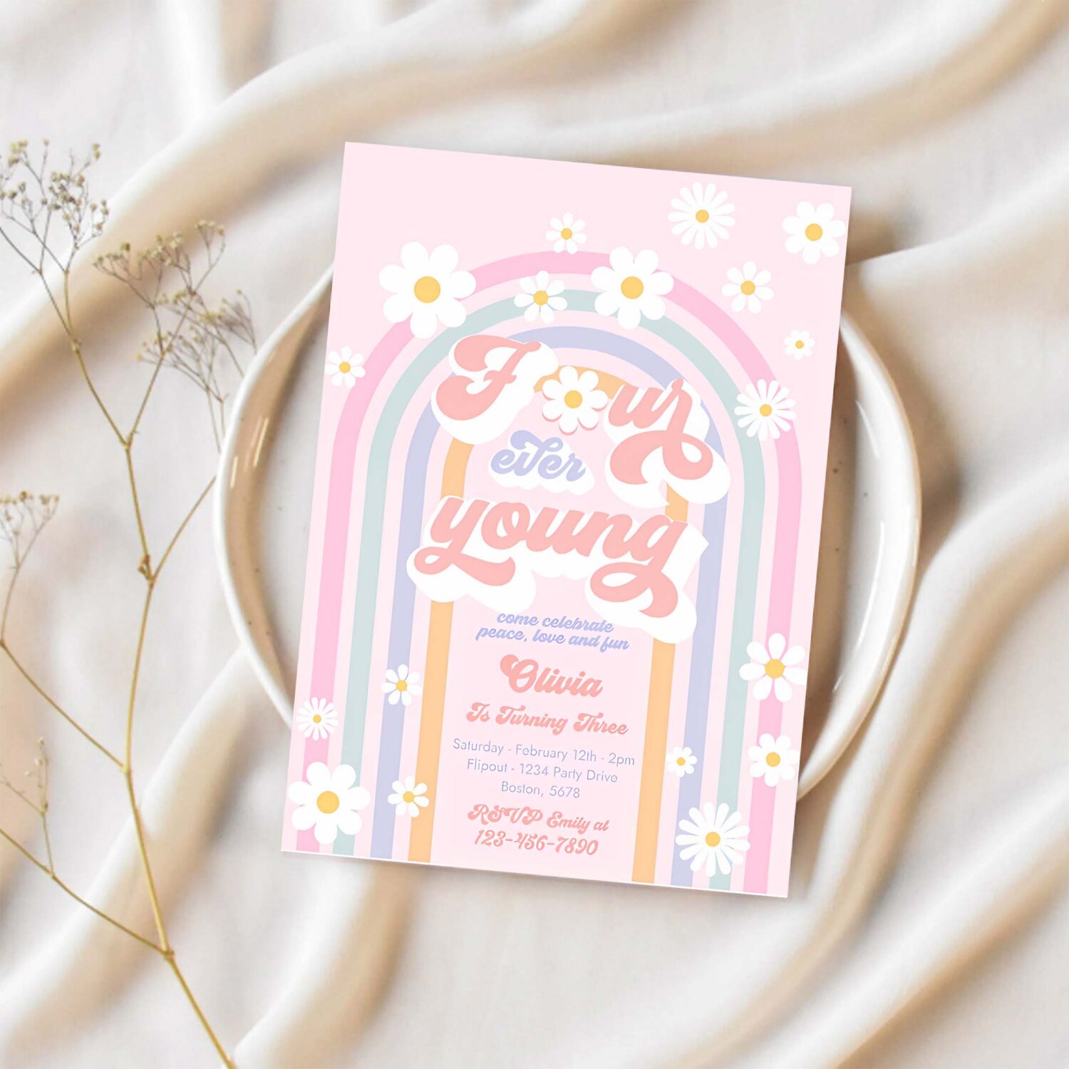 Editable four ever young groovy 4th birthday invitation peace love groovy rainbow party hippie 70s 4th birthday 1