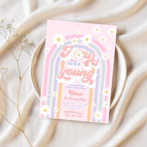 Editable four ever young groovy 4th birthday invitation peace love groovy rainbow party hippie 70s 4th birthday 1