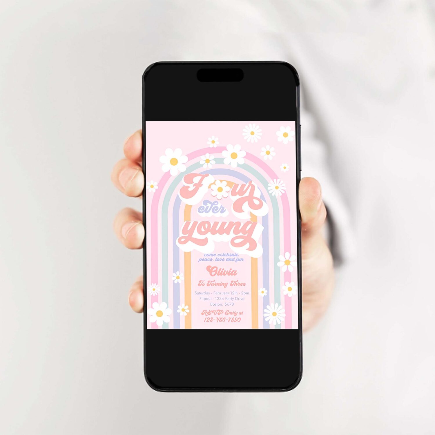 Editable four ever young groovy 4th birthday invitation peace love groovy rainbow party hippie 70s 4th birthday 2