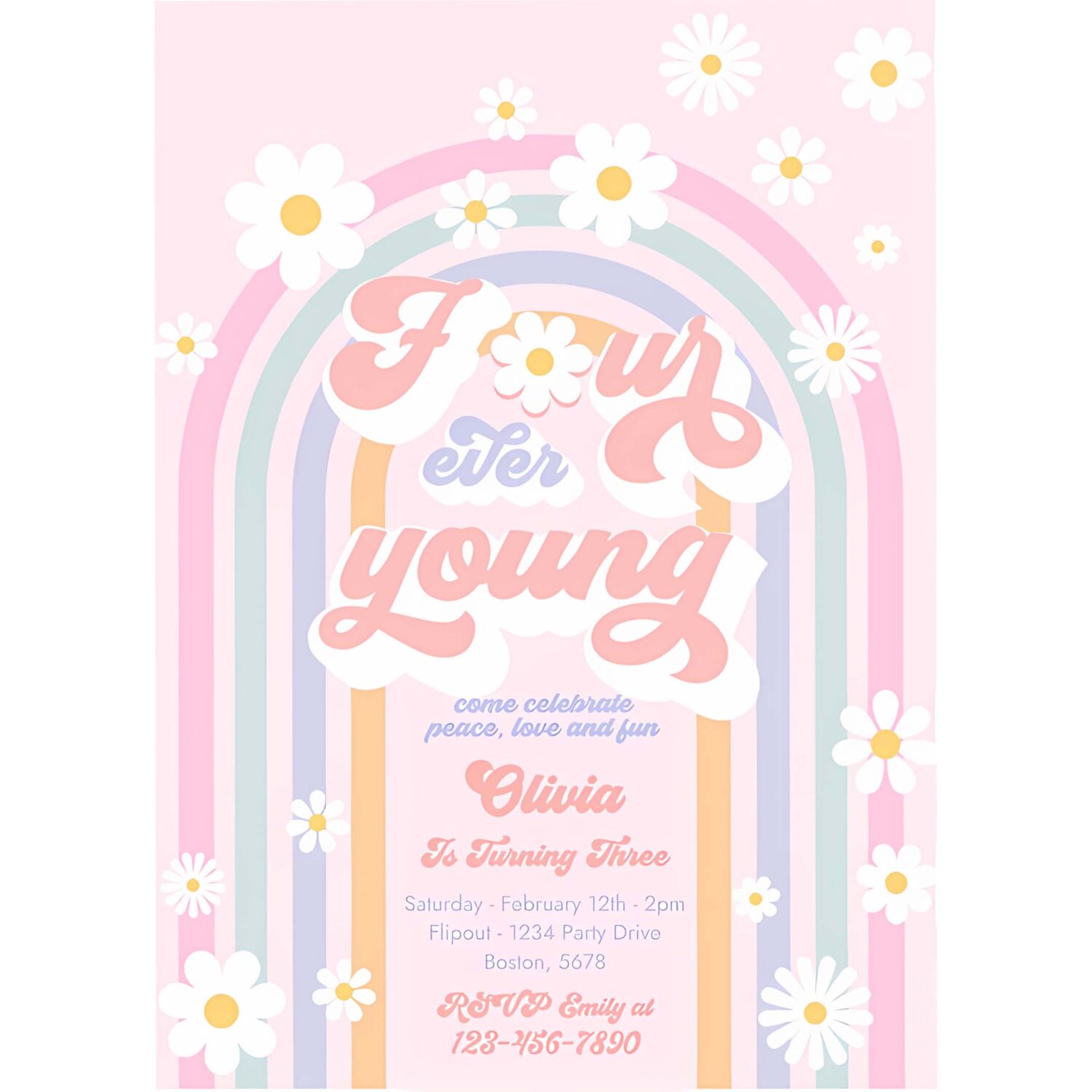 Editable four ever young groovy 4th birthday invitation peace love groovy rainbow party hippie 70s 4th birthday 4