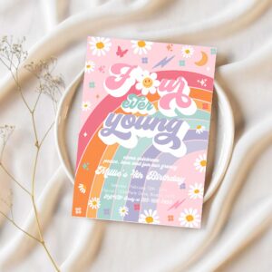 Editable four ever young groovy 4th birthday party invitation peace love groovy rainbow party hippie 70s 4th birthday 1