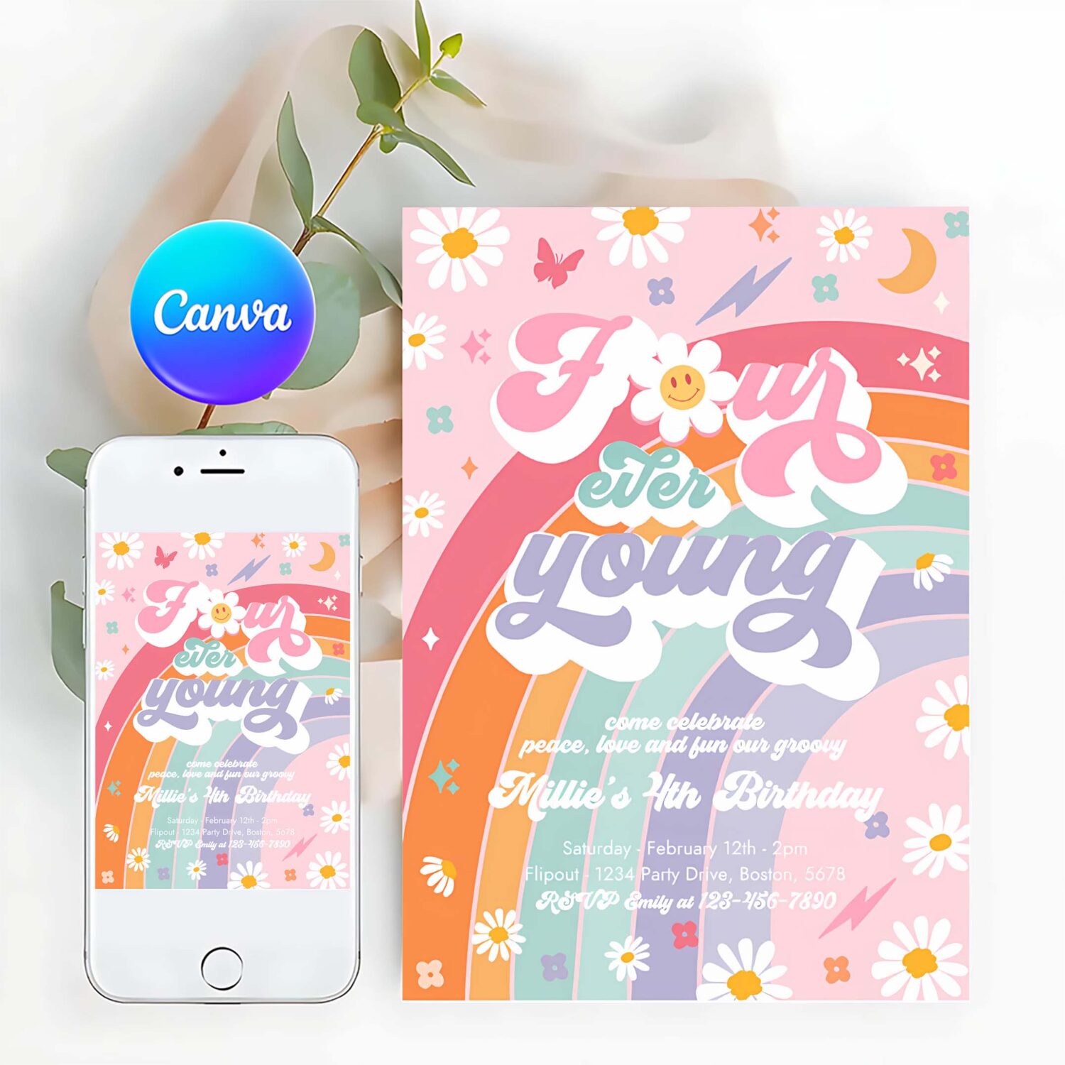 Editable four ever young groovy 4th birthday party invitation peace love groovy rainbow party hippie 70s 4th birthday
