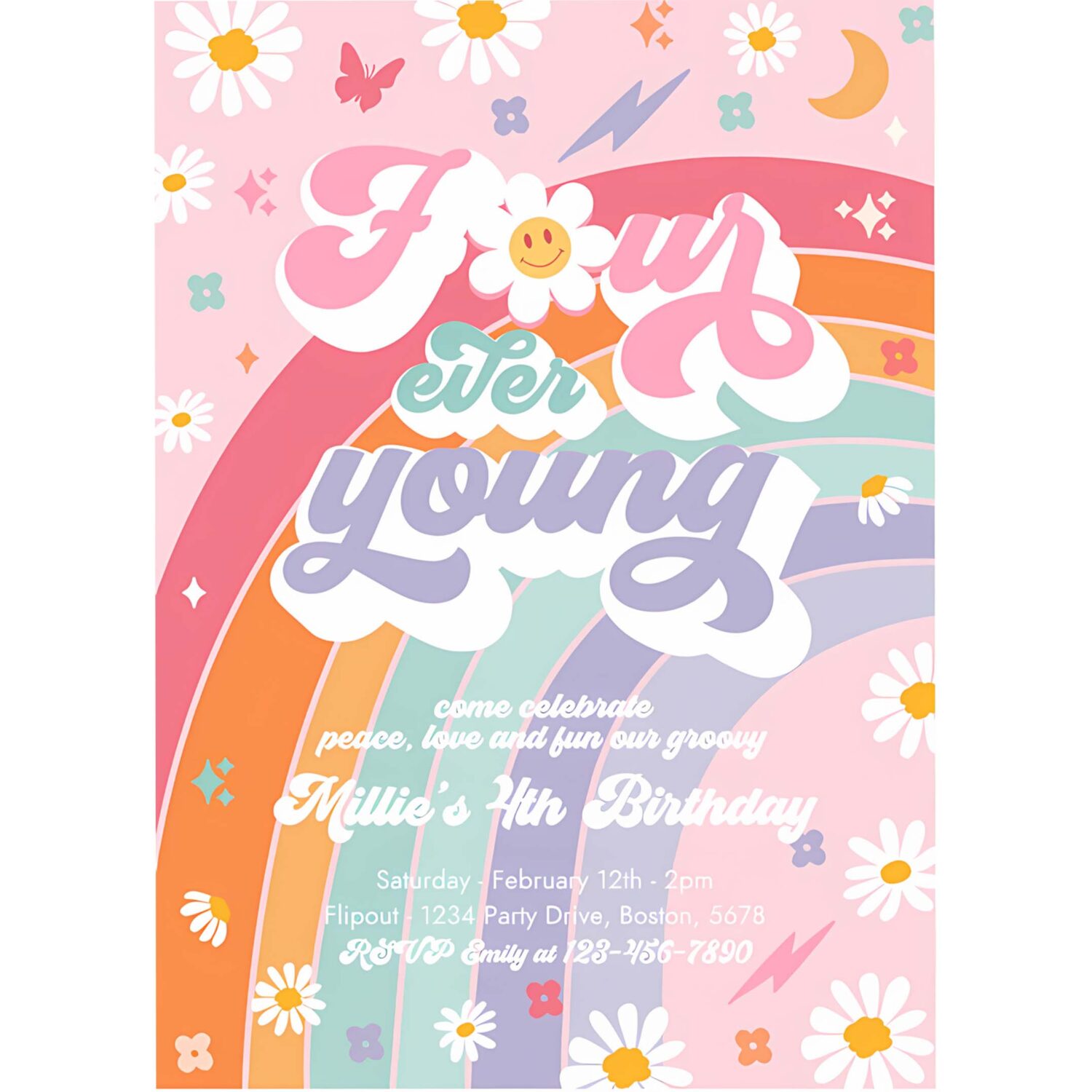 Editable four ever young groovy 4th birthday party invitation peace love groovy rainbow party hippie 70s 4th birthday 4