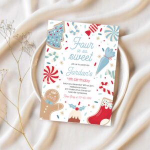 Editable four is so sweet christmas cookie 4th birthday party invitation holiday cookie gingerbread 3rd birthday party instant download swj 1