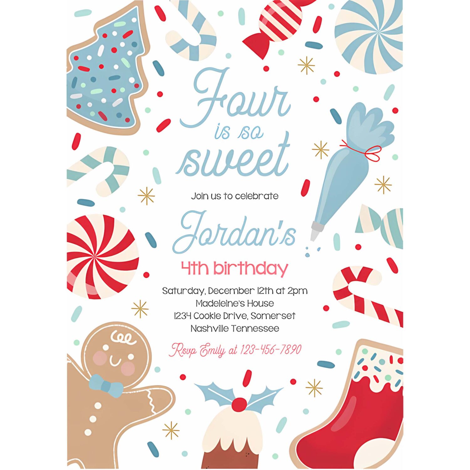 Editable four is so sweet christmas cookie 4th birthday party invitation holiday cookie gingerbread 3rd birthday party instant download swj 4