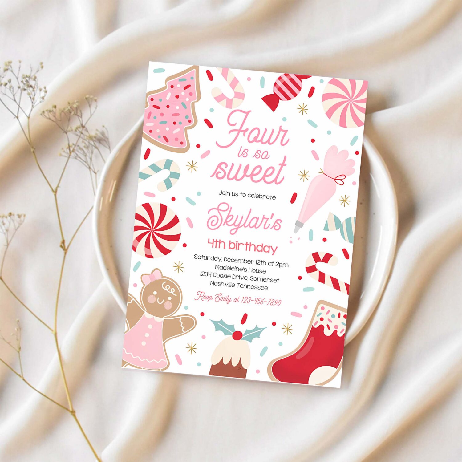 Editable four is so sweet christmas cookie 4th birthday party invitation holiday cookie gingerbread 3rd birthday party instant download swu 1