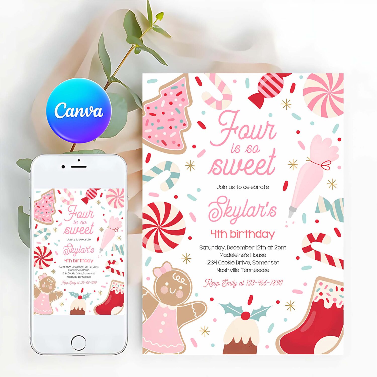 Editable four is so sweet christmas cookie 4th birthday party invitation holiday cookie gingerbread 3rd birthday party instant download swu