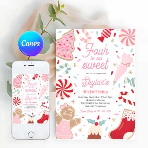 Cookie Party Invitation, Four Is So Sweet Christmas Cookie 4th Birthday Party Invitation Holiday Cookie Gingerbread 3rd Birthday Party
