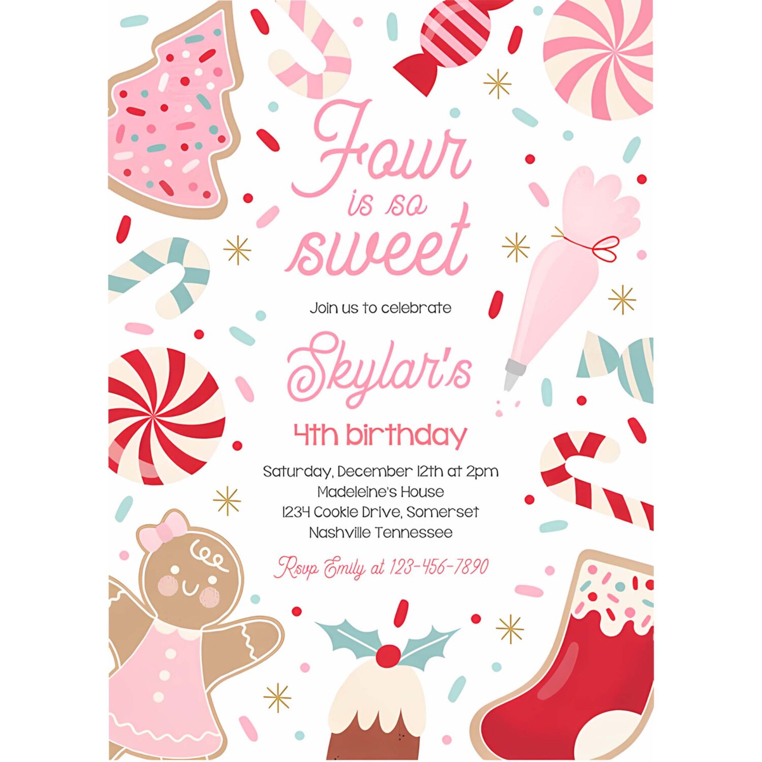 Editable four is so sweet christmas cookie 4th birthday party invitation holiday cookie gingerbread 3rd birthday party instant download swu 4