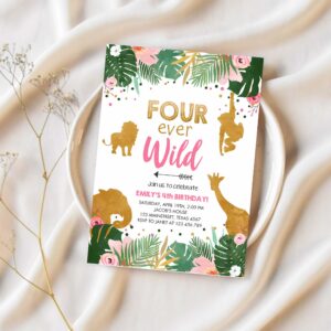 Editable fourever wild birthday invitation safari animals jungle zoo gold girl pink 4th birthday four ever printable corjl template 0016 1