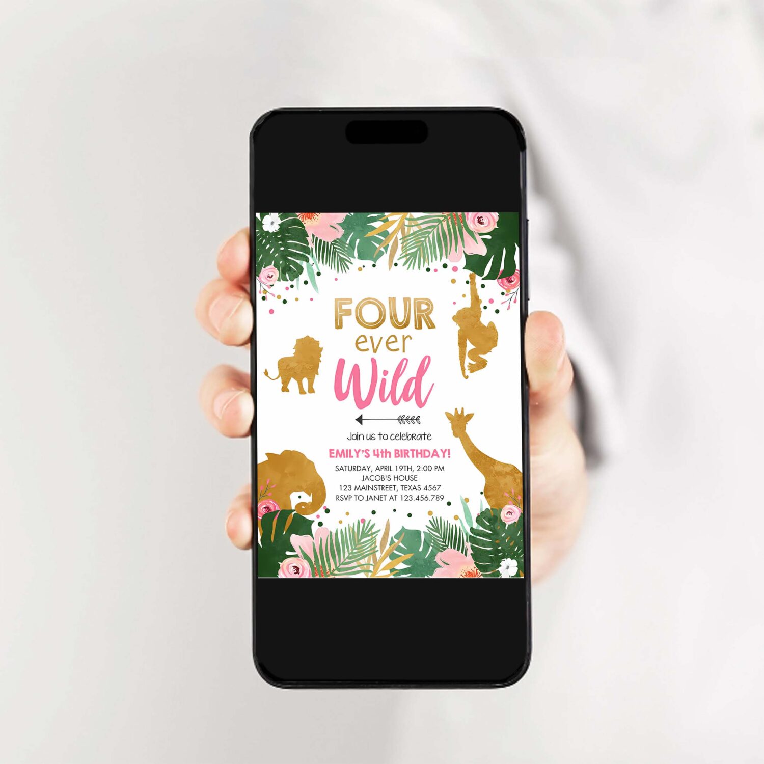 Editable fourever wild birthday invitation safari animals jungle zoo gold girl pink 4th birthday four ever printable corjl template 0016 2
