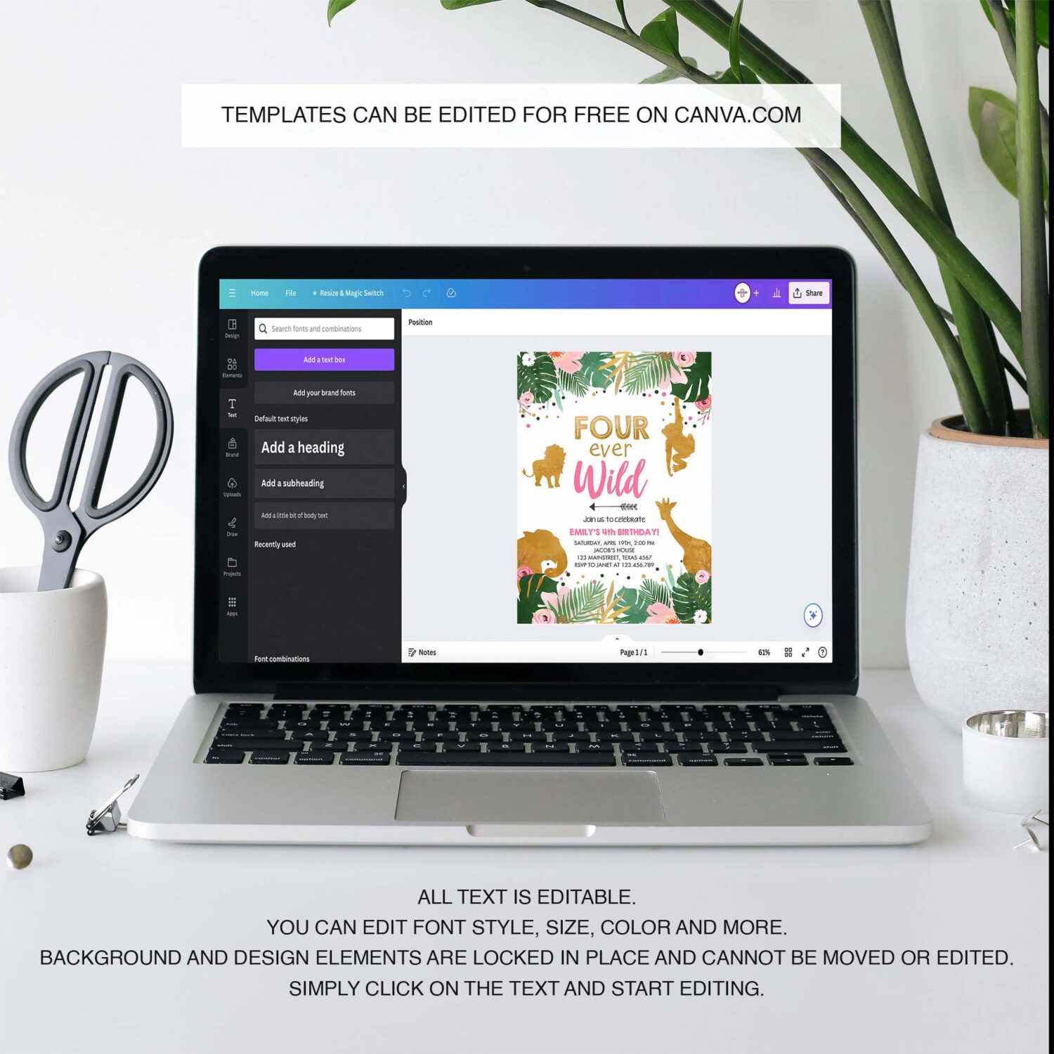 Editable fourever wild birthday invitation safari animals jungle zoo gold girl pink 4th birthday four ever printable corjl template 0016 3