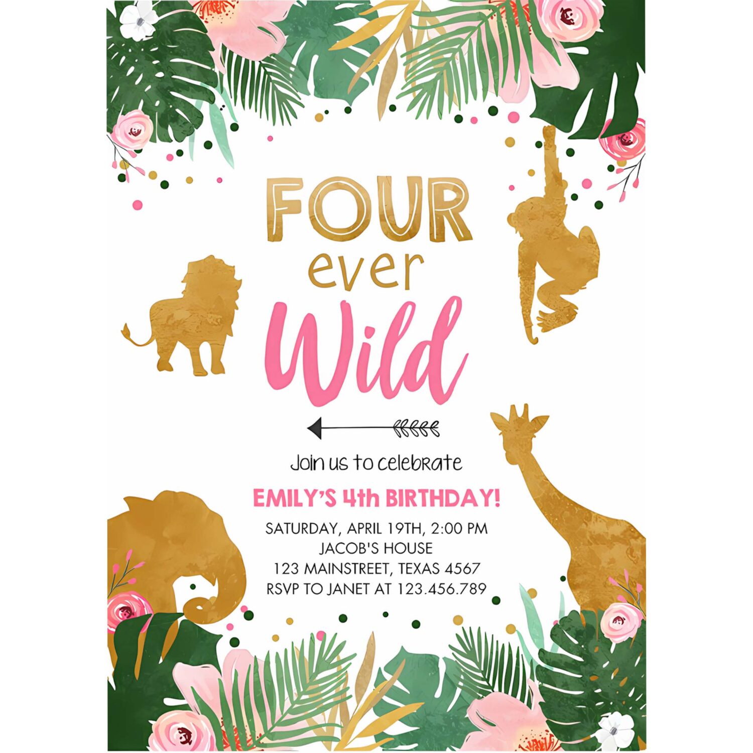 Editable fourever wild birthday invitation safari animals jungle zoo gold girl pink 4th birthday four ever printable corjl template 0016 4