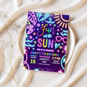 Editable fun in the sun pool birthday party invitation glow neon tie dye summer waterslide waterpark pool party instant download tx 1