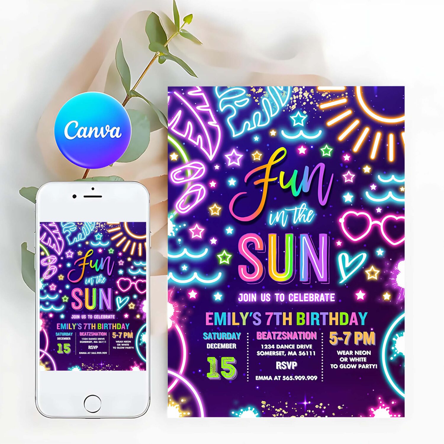 Editable fun in the sun pool birthday party invitation glow neon tie dye summer waterslide waterpark pool party instant download tx