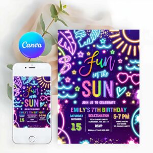 Pool Party Invitation, Fun In The Sun Pool Birthday Party Invitation Glow Neon Tie Dye Summer Waterslide Waterpark Pool Party