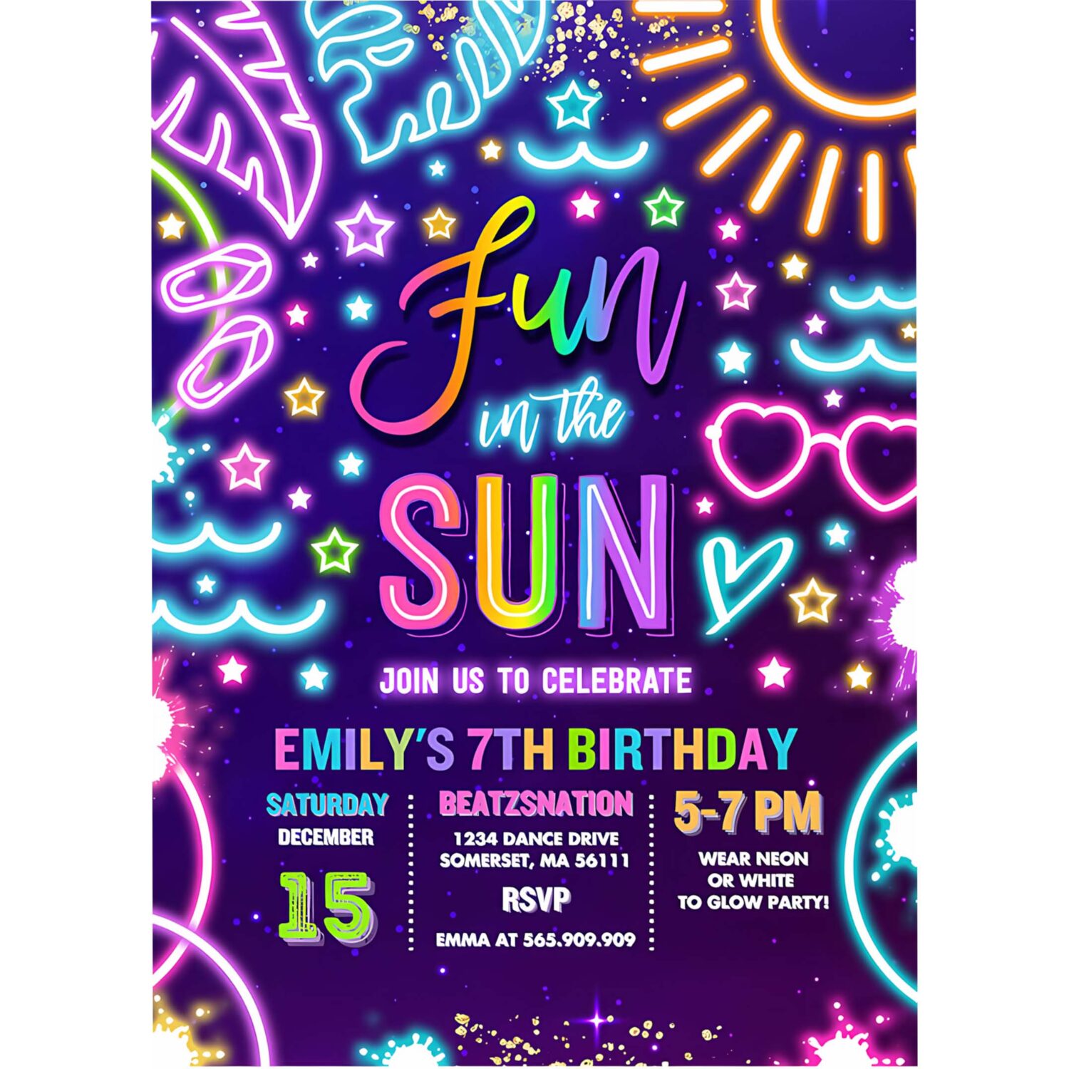 Editable fun in the sun pool birthday party invitation glow neon tie dye summer waterslide waterpark pool party instant download tx 4