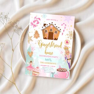 Editable gingerbread house decorating party invitation land of sweets pink gold cookie decorating download printable template corjl 0352 1