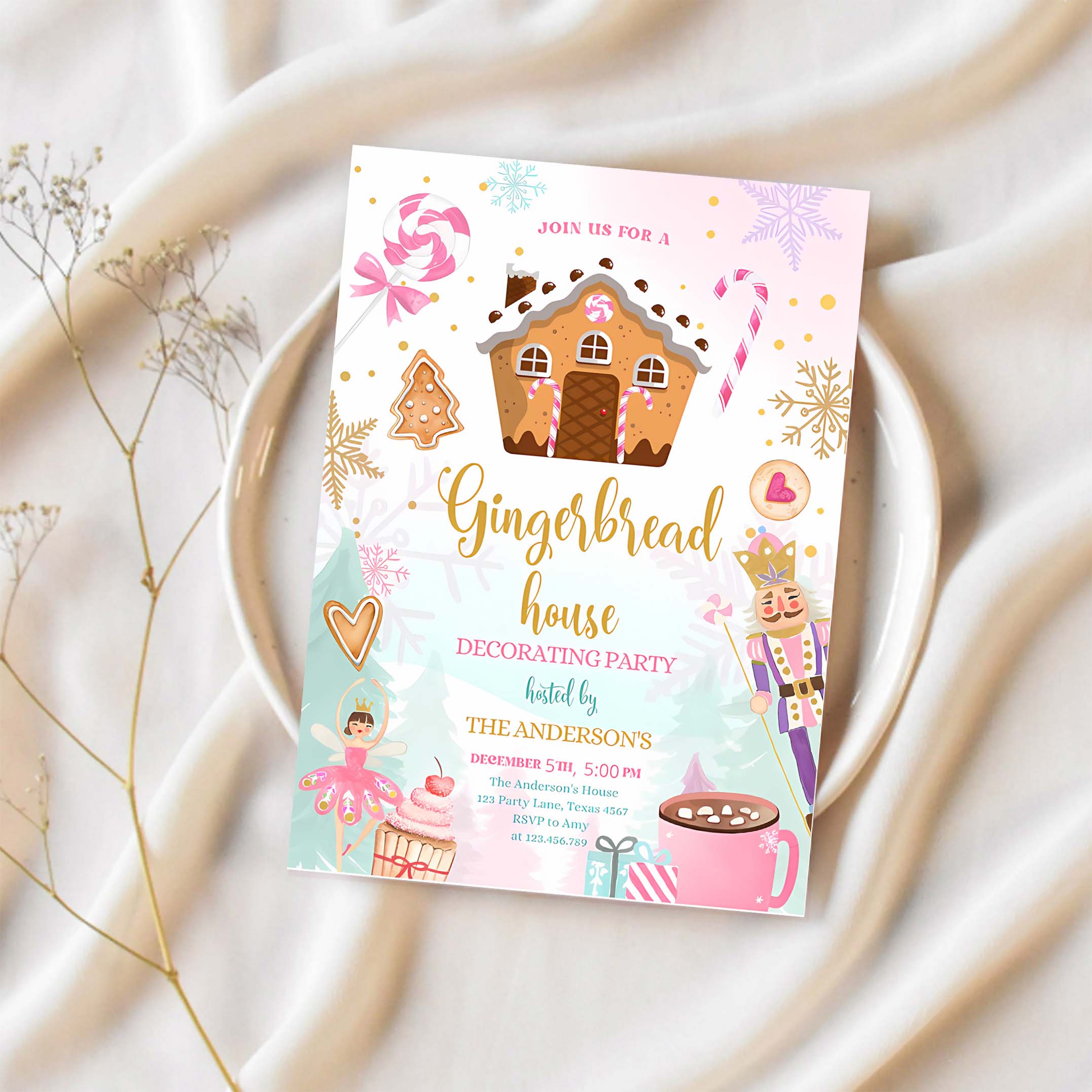 Editable Gingerbread House Decorating Party Invitation Land of Sweets Pink Gold Cookie Decorating Download Printable Template Corjl 0352