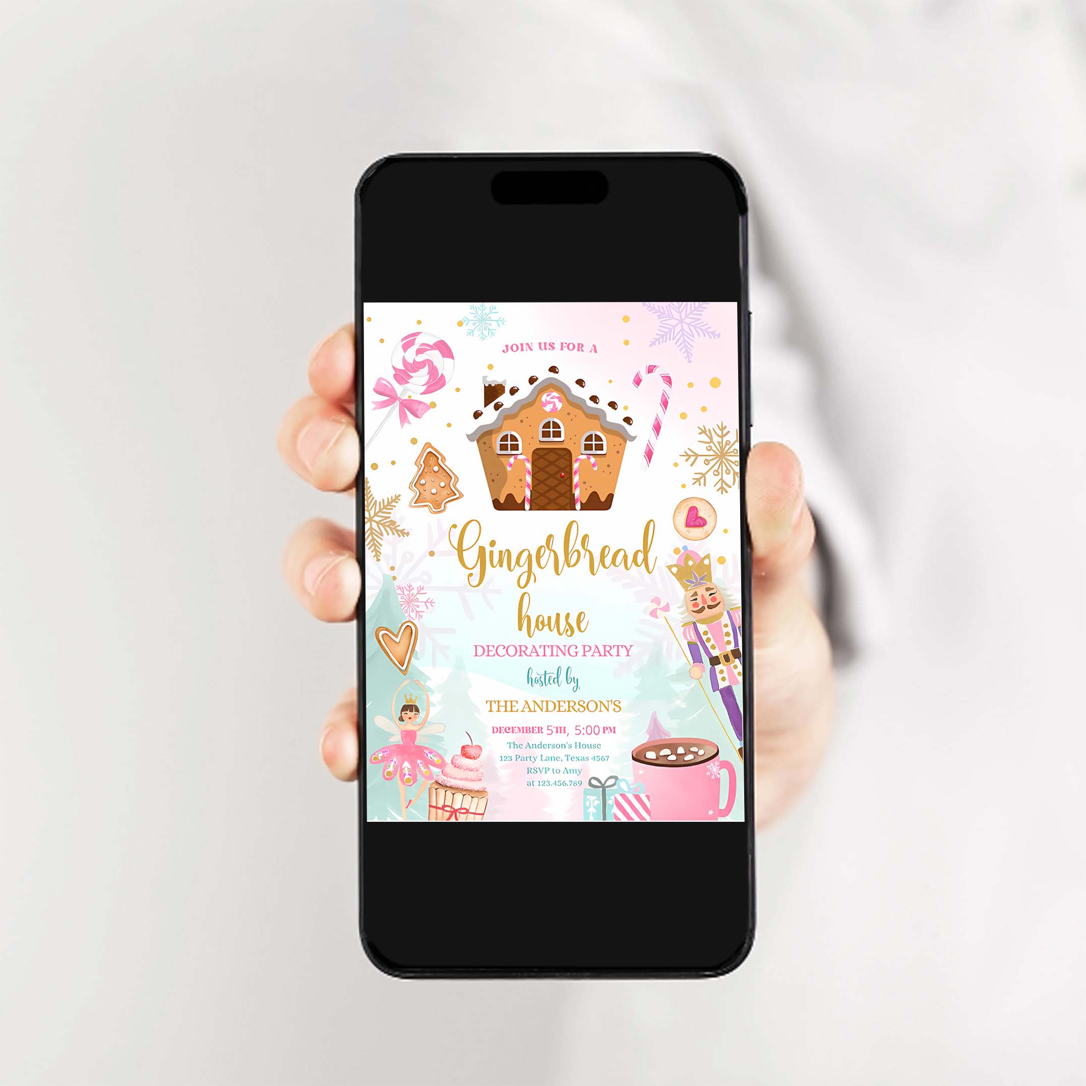 Editable Gingerbread House Decorating Party Invitation Land of Sweets Pink Gold Cookie Decorating Download Printable Template Corjl 0352