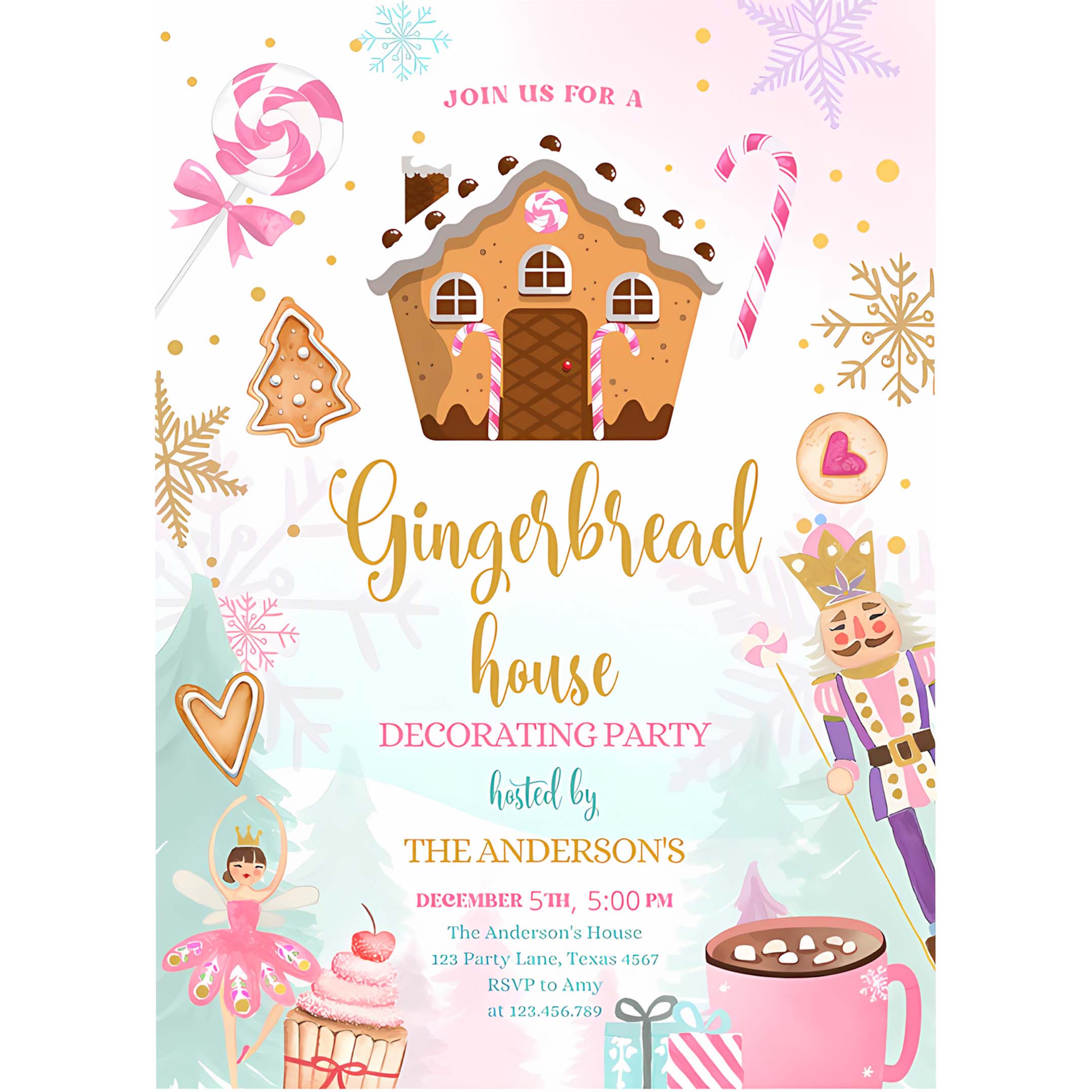 Editable Gingerbread House Decorating Party Invitation Land of Sweets Pink Gold Cookie Decorating Download Printable Template Corjl 0352