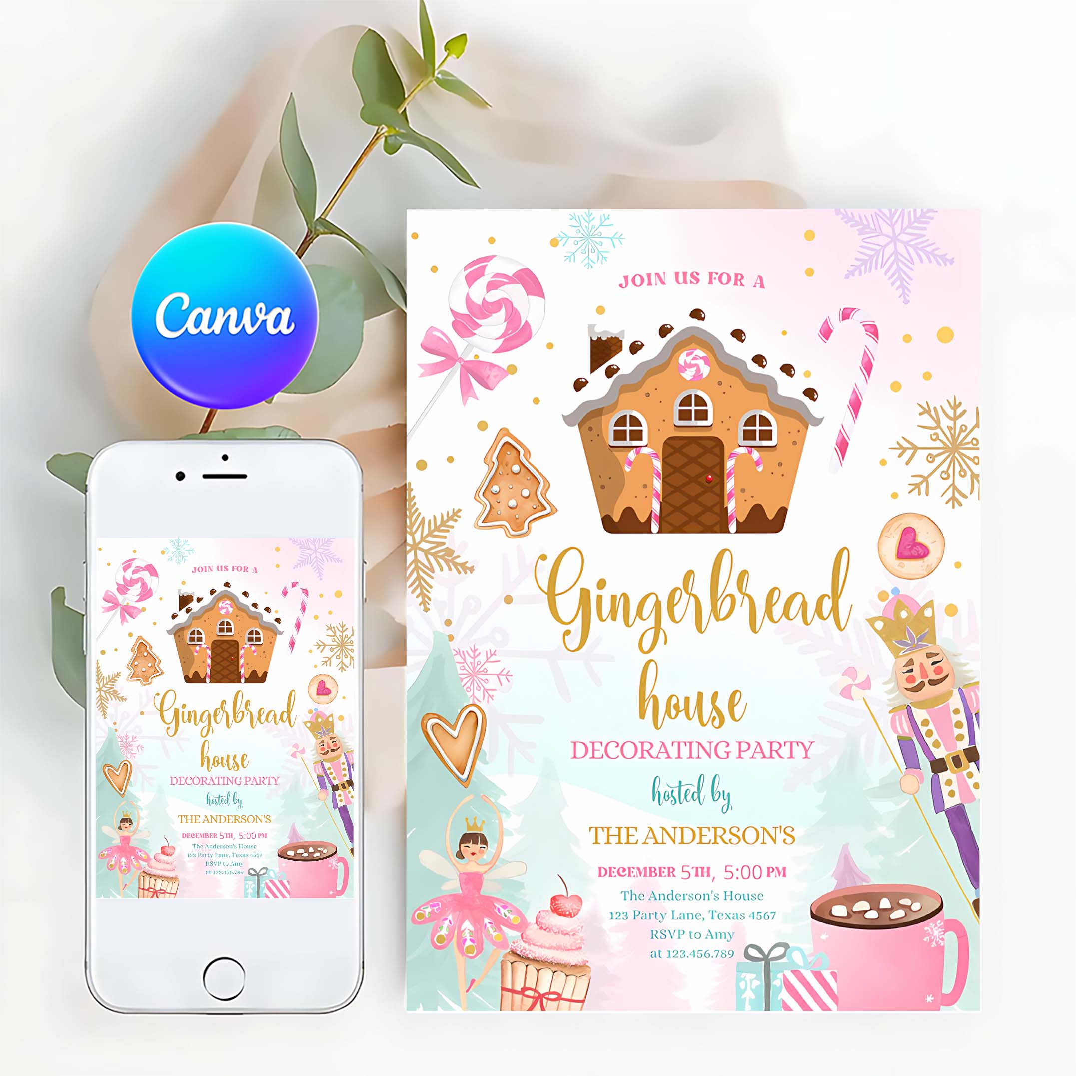 Editable Gingerbread House Decorating Party Invitation Land of Sweets Pink Gold Cookie Decorating Download Printable Template Corjl
