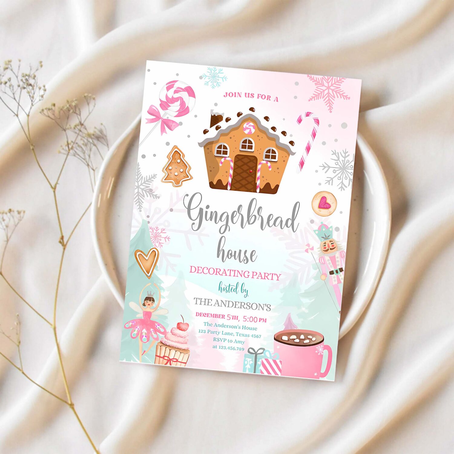 Editable gingerbread house decorating party invitation land of sweets pink silver cookie decorating download printable template corjl 0352 1