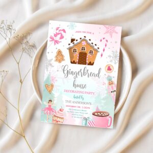 Editable gingerbread house decorating party invitation land of sweets pink silver cookie decorating download printable template corjl 0352 1