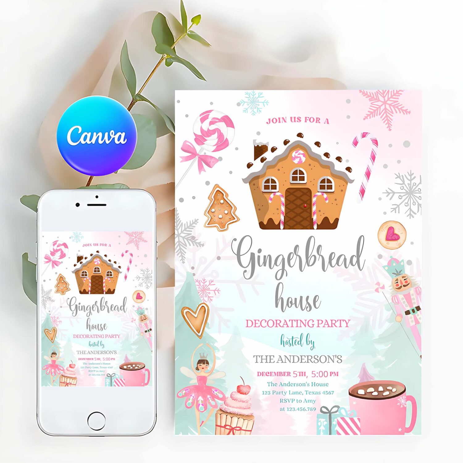 Editable gingerbread house decorating party invitation land of sweets pink silver cookie decorating download printable template corjl 0352